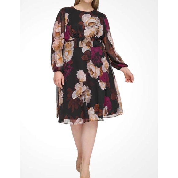 Calvin Klein Purple and Cream Floral Chiffon Long Sleeve Knee Length Dress 16 - Picture 1 of 14